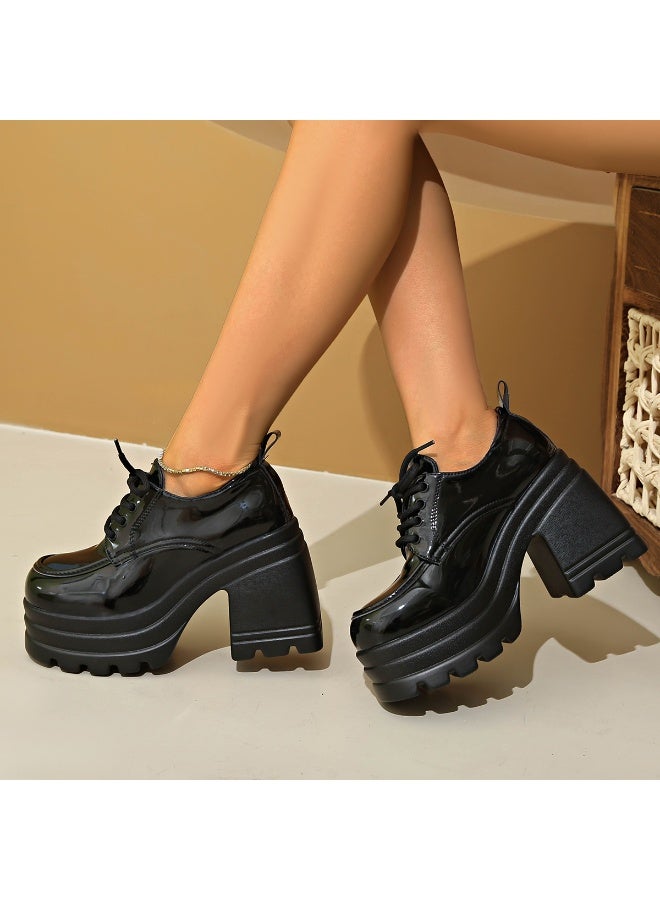 Women's Black Platform Lace-Up Chunky Heel Oxford Shoes - Image 2