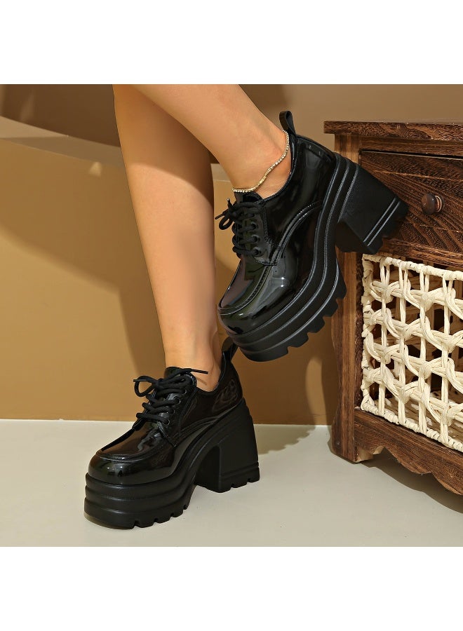 Women's Black Platform Lace-Up Chunky Heel Oxford Shoes - Image 5