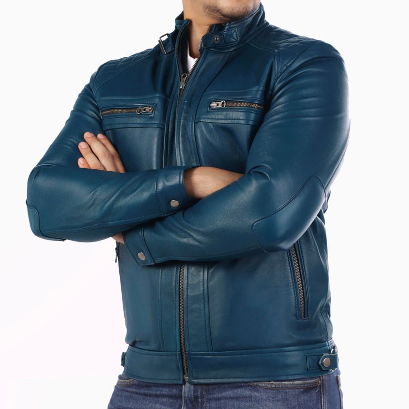 Generic Jild Signature Diamond Style Café Racer Lambskin Leather Jacket Men - Men's Casual Real Leather Quilted Style Motorcycle Jacket, Blue, L  - Image 2