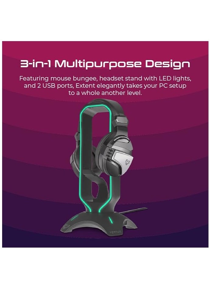 VERTUX - Vertux Multi-Purpose Mouse Bungee with Headphone Stand & USB Hub | LED Lights 2 Port USB with Touch Control Button | 3 in 1 Design Gaming Station with USB Charger- Black - Image 1