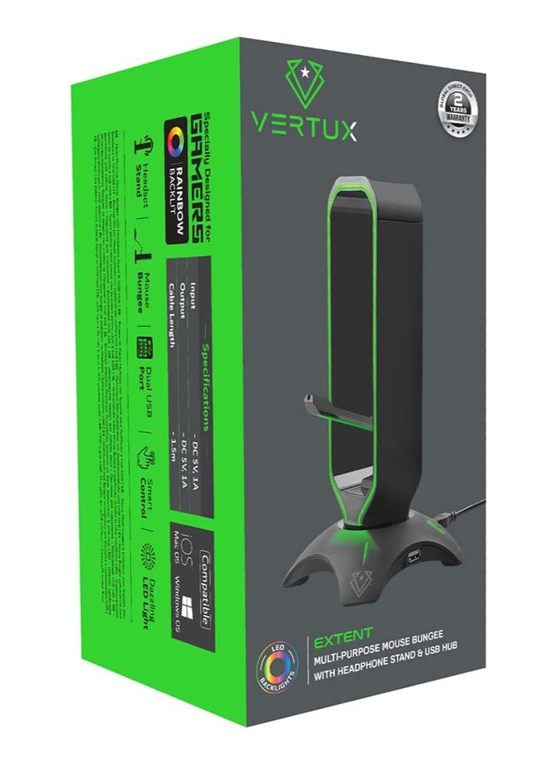 VERTUX - Vertux Multi-Purpose Mouse Bungee with Headphone Stand & USB Hub | LED Lights 2 Port USB with Touch Control Button | 3 in 1 Design Gaming Station with USB Charger- Black - Image 1