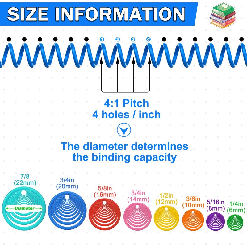 SIMPLIPLEX 120 Pack Plastic Spiral Binding Coils Binder Binding Spirals Rings 8 Size Spiral Binding Wire Combs Spines Coils, 4:1 Pitch, 1/4 5/16 3/8 1/2 9/16 5/8 3/4 7/8 Inch (Multicolor) - Image 4