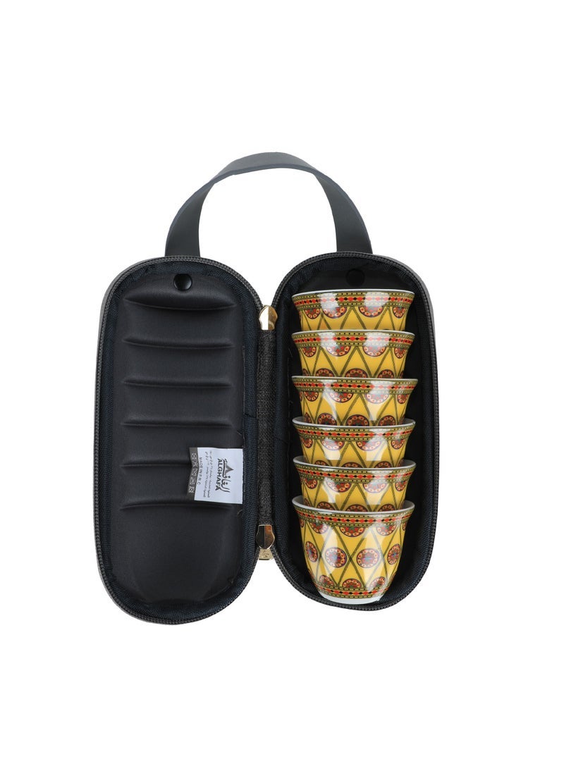 ALGHAFA Al Ghafaa Set of 6 Najdi Pattern Coffee Cups - Golden - 80ml - Grey Bag (Exterior) with Black Interior - Image 1
