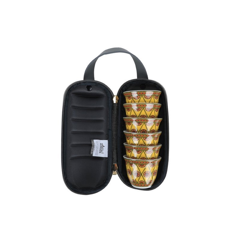 ALGHAFA Al Ghafaa Set of 6 Najdi Pattern Coffee Cups - Golden - 80ml - Grey Bag (Exterior) with Black Interior - Image 2