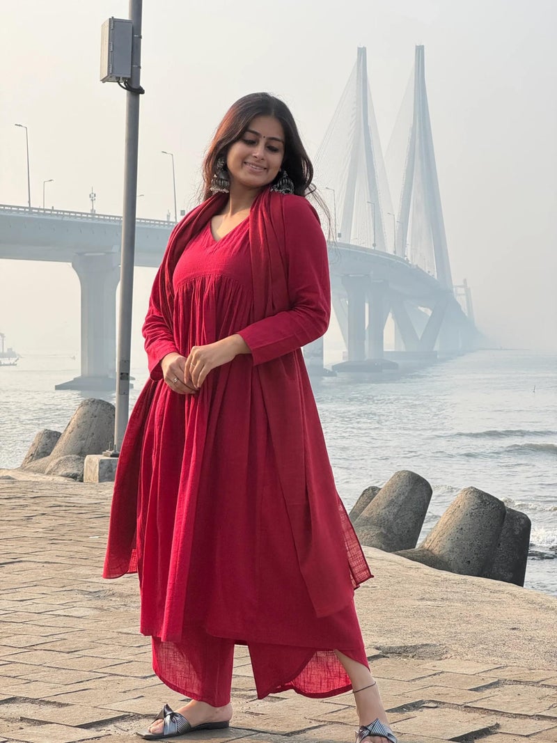 GoSriKi Women's Rayon Viscose A-Line Solid Kurta with Palazzo & Dupatta (NIBAR RED-VKS01-GS_XXL_Red_XX-Large) - Image 3