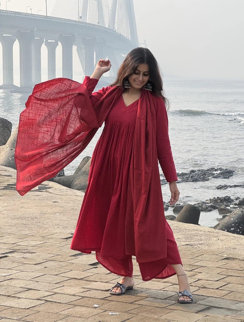 GoSriKi Women's Rayon Viscose A-Line Solid Kurta with Palazzo & Dupatta (NIBAR RED-VKS01-GS_XXL_Red_XX-Large) - Image 5