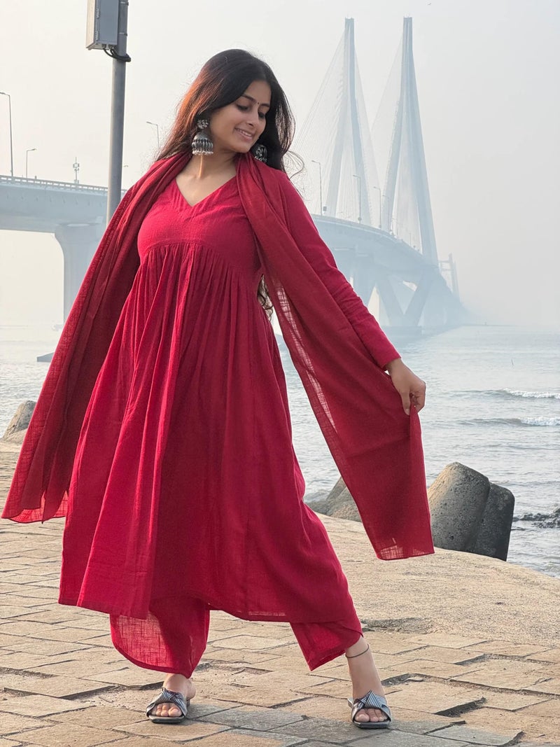 GoSriKi Women's Rayon Viscose A-Line Solid Kurta with Palazzo & Dupatta (NIBAR RED-VKS01-GS_XXL_Red_XX-Large) - Image 4