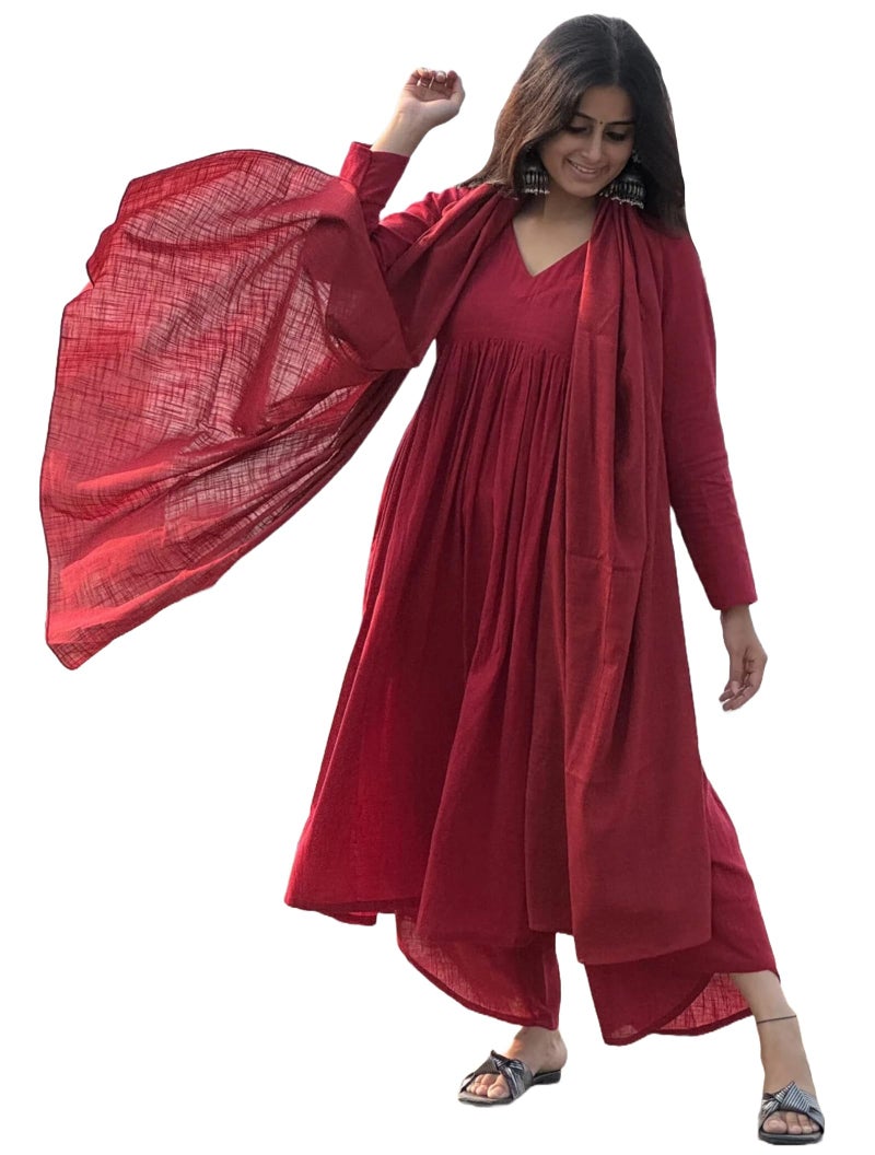 GoSriKi Women's Rayon Viscose A-Line Solid Kurta with Palazzo & Dupatta (NIBAR RED-VKS01-GS_XXL_Red_XX-Large) - Image 1