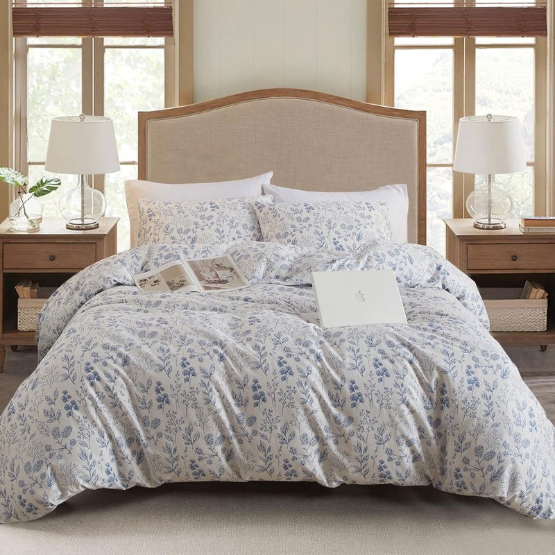 EAVD Fresh Blue Floral Duvet Cover Queen Soft 100% Cotton Garden Floral Aesthetic Bedding Set with 2 Pillowcases Cottagecore Botanical Duvet Cover with Zipper Closure - Image 1