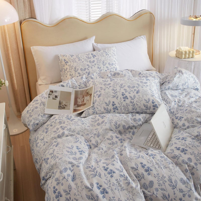 EAVD Fresh Blue Floral Duvet Cover Queen Soft 100% Cotton Garden Floral Aesthetic Bedding Set with 2 Pillowcases Cottagecore Botanical Duvet Cover with Zipper Closure - Image 2