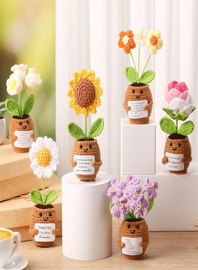 جيلين مجموعة جيلين المكونة من 6 مجموعات من دمى الزهور الصغيرة الإيجابية في أصيص مع بطاقة، زهور عباد الشمس والورد والأقحوان، مصنوعة بالكروشيه، نباتات داعمة للتعبير عن الشكر، هدايا إيجابية لزميلات العمل في عيد الميلاد وعيد الشكر (تقديرًا لهن). - Image 4