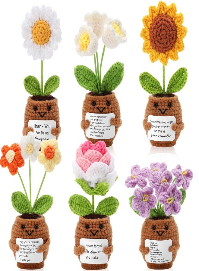 جيلين مجموعة جيلين المكونة من 6 مجموعات من دمى الزهور الصغيرة الإيجابية في أصيص مع بطاقة، زهور عباد الشمس والورد والأقحوان، مصنوعة بالكروشيه، نباتات داعمة للتعبير عن الشكر، هدايا إيجابية لزميلات العمل في عيد الميلاد وعيد الشكر (تقديرًا لهن). - Image 1