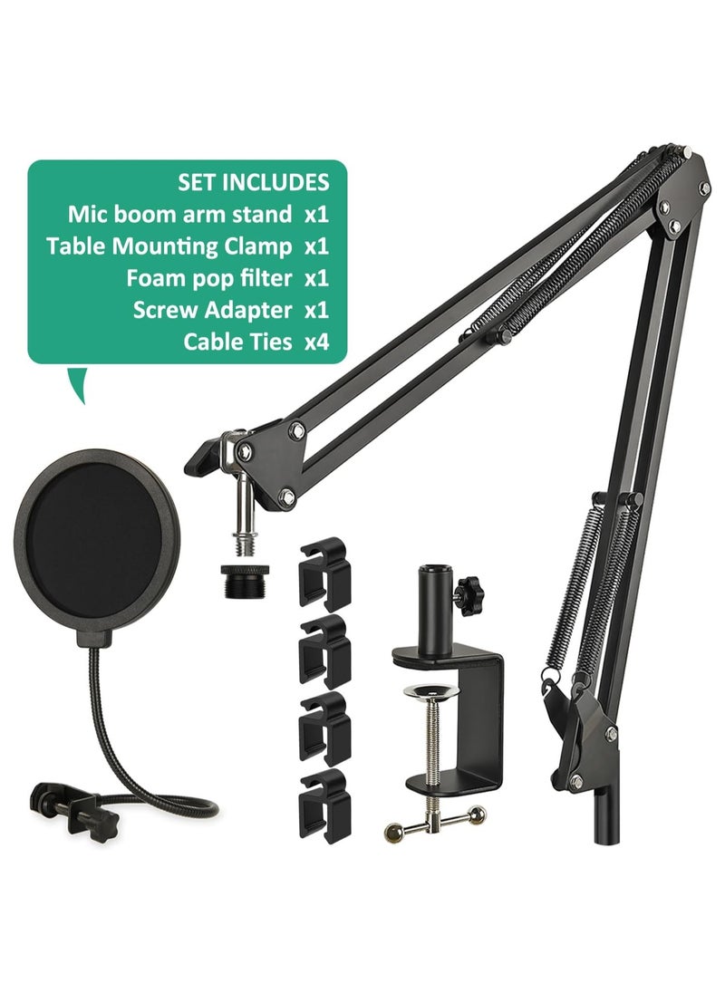 QuadCast Mic Boom Arm Stand with Pop Filter, Adjustable Microphone Boom Arm with Upgrade Desk Table Mount Clamp for HyperX QuadCast, QuadCast S-RGB USB Condenser Mic