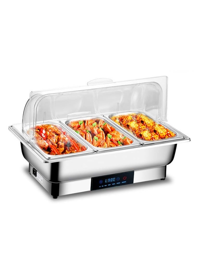 شو وو سخان طعام كهربائي (Chafing Dish) من الفولاذ المقاوم للصدأ بسعة 9 لتر، مزود بغطاء من البولي كربونات وشاشة لعرض والتحكم في درجة الحرارة (35-90 درجة مئوية)، جهاز تقديم بوفيه بقوة 600 واط مع صينية مقسمة لثلاثة أقسام؛ مثالي لخدمات التموين، الحفلات، ولائم الزفاف، والفنادق. - Image 1