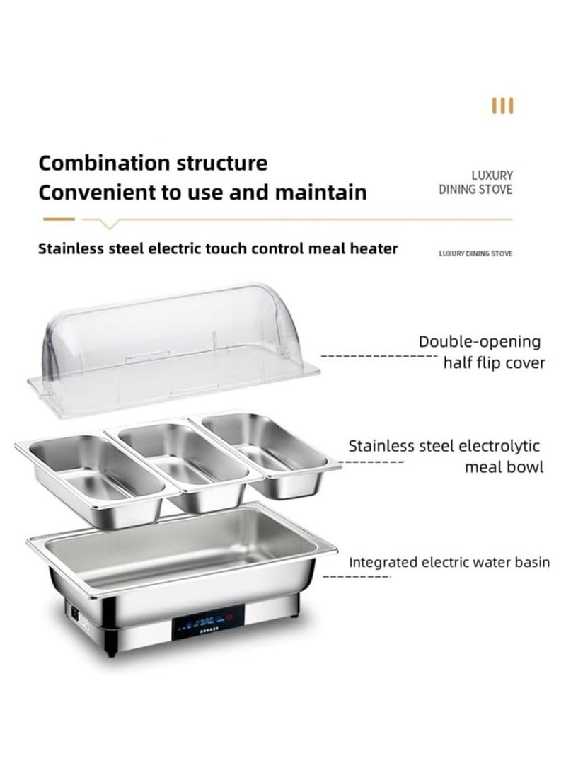 شو وو سخان طعام كهربائي (Chafing Dish) من الفولاذ المقاوم للصدأ بسعة 9 لتر، مزود بغطاء من البولي كربونات وشاشة لعرض والتحكم في درجة الحرارة (35-90 درجة مئوية)، جهاز تقديم بوفيه بقوة 600 واط مع صينية مقسمة لثلاثة أقسام؛ مثالي لخدمات التموين، الحفلات، ولائم الزفاف، والفنادق. - Image 5