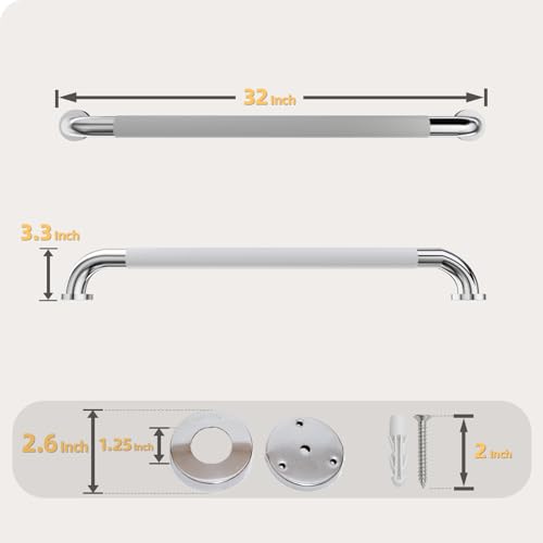 Bmoytu Shower Grab Bar 32 Inch Bathroom Grab Bar Handle with AntiSlip Knurled Grip Stainless Steel Bath Balance Bar 125 Diameter Bath Safety Bar Support for Seniors Pregnant Polished Chrome2Pcs - Image 3