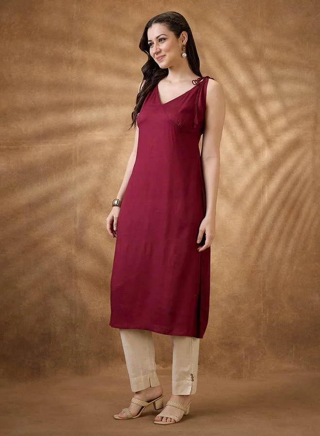 globus Woven Design Tie-Up Neck A-Line Fusion Kurta