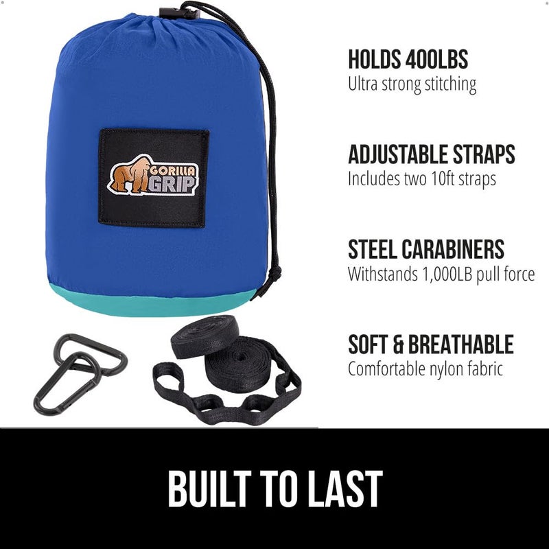 GORILLA GRIP Durable Camping Hammock with Heavy Duty Tree Straps, Portable Hammocks for Outside, Easy to Use Travel Swing Chair, Outdoor Camper Hiker Essentials, Backpacking Gear Gifts, Single, Blue - Image 2