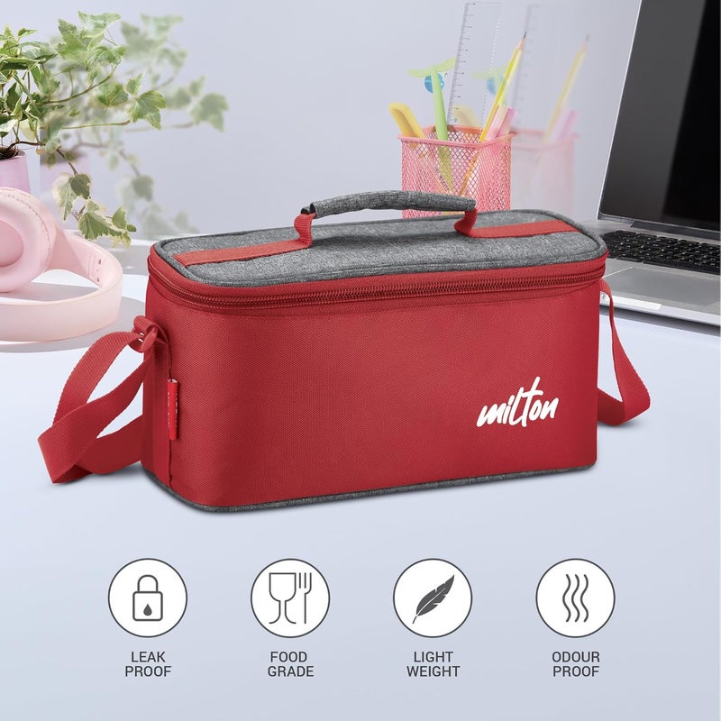 Milton MILTON Steel Champ Lunch Box 2 Round Inner Steel Containers 340ml Each 1 Oval Container 450ml Steel Cutleries with Insulated Fabric Bag Red Leak Proof Odour Proof Easy to Carry Food Grade - Image 2