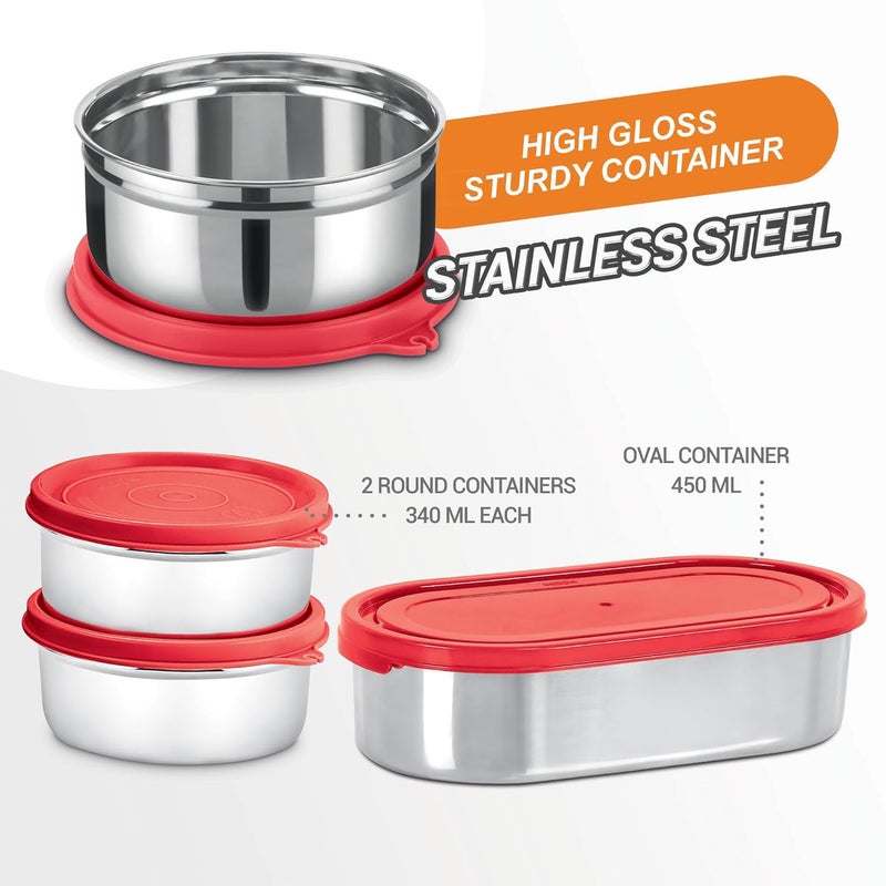 Milton MILTON Steel Champ Lunch Box 2 Round Inner Steel Containers 340ml Each 1 Oval Container 450ml Steel Cutleries with Insulated Fabric Bag Red Leak Proof Odour Proof Easy to Carry Food Grade - Image 3
