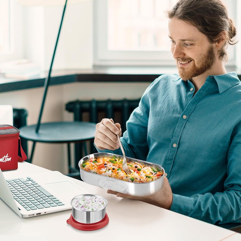 Milton MILTON Steel Champ Lunch Box 2 Round Inner Steel Containers 340ml Each 1 Oval Container 450ml Steel Cutleries with Insulated Fabric Bag Red Leak Proof Odour Proof Easy to Carry Food Grade - Image 5