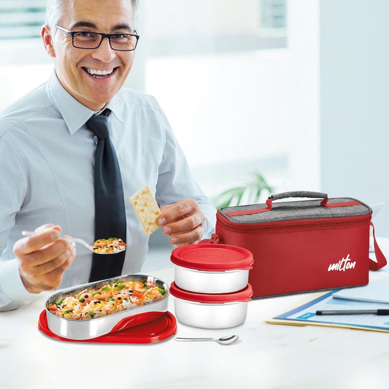 Milton MILTON Steel Champ Lunch Box 2 Round Inner Steel Containers 340ml Each 1 Oval Container 450ml Steel Cutleries with Insulated Fabric Bag Red Leak Proof Odour Proof Easy to Carry Food Grade - Image 4