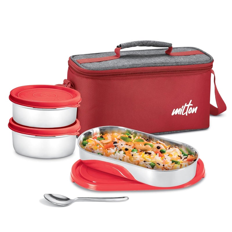 Milton MILTON Steel Champ Lunch Box 2 Round Inner Steel Containers 340ml Each 1 Oval Container 450ml Steel Cutleries with Insulated Fabric Bag Red Leak Proof Odour Proof Easy to Carry Food Grade - Image 1