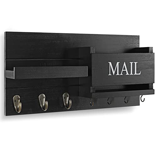 Lwenki Mail Organizer for Wall Mount – Key Holder with Shelf Includes Letter Holder and Hooks for Hallway Farmhouse Decor – Rustic Wood with Flush Mounting Hardware (16.5” x 9.1” x 3.4”) (Black) - Image 2