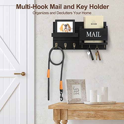 Lwenki Mail Organizer for Wall Mount – Key Holder with Shelf Includes Letter Holder and Hooks for Hallway Farmhouse Decor – Rustic Wood with Flush Mounting Hardware (16.5” x 9.1” x 3.4”) (Black) - Image 3