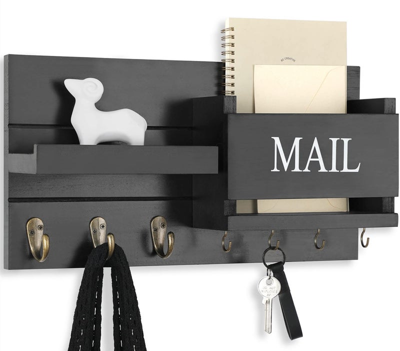 Lwenki Mail Organizer for Wall Mount – Key Holder with Shelf Includes Letter Holder and Hooks for Hallway Farmhouse Decor – Rustic Wood with Flush Mounting Hardware (16.5” x 9.1” x 3.4”) (Black) - Image 1