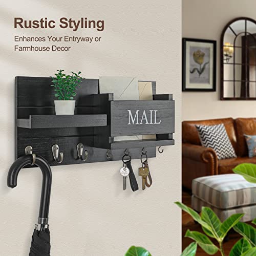 Lwenki Mail Organizer for Wall Mount – Key Holder with Shelf Includes Letter Holder and Hooks for Hallway Farmhouse Decor – Rustic Wood with Flush Mounting Hardware (16.5” x 9.1” x 3.4”) (Black) - Image 4