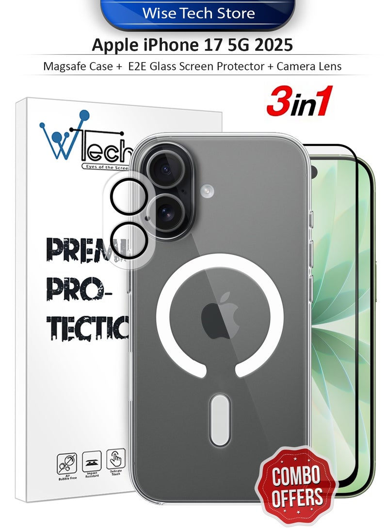 دبليو تيك حزمة حماية شاملة لهاتف آبل آيفون 17 5G 2025 ثلاثية الوظائف، غطاء شفاف ومقاوم للصدمات مع ماسج سيف، واقي شاشة زجاجي من الحافة إلى الحافة وواقي عدسة الكاميرا بحماية 360 درجة، سهل التركيب - شفاف/أسود - Image 1