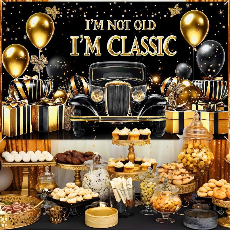 TagreSpike Black Gold Happy Birthday Banner Backdrop 70.8 x 43.3 Inch I'm Not Old I'm Classic Birthday Poster Photography Background Birthday Party Decorations Supplies Classic Car for Indoor Outdoor Retirement - Image 5
