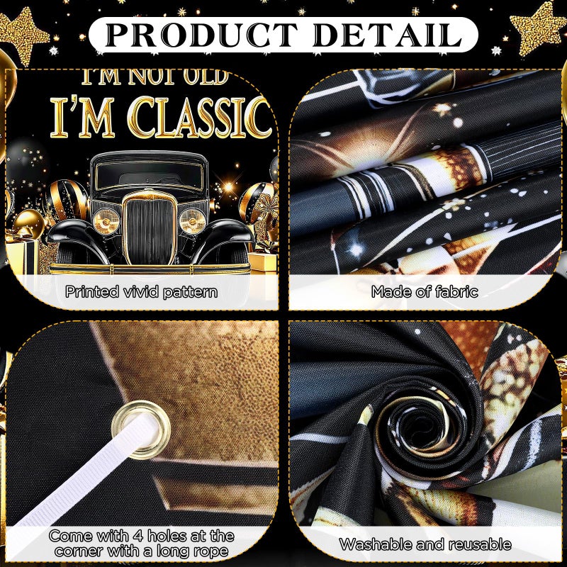 TagreSpike Black Gold Happy Birthday Banner Backdrop 70.8 x 43.3 Inch I'm Not Old I'm Classic Birthday Poster Photography Background Birthday Party Decorations Supplies Classic Car for Indoor Outdoor Retirement - Image 2