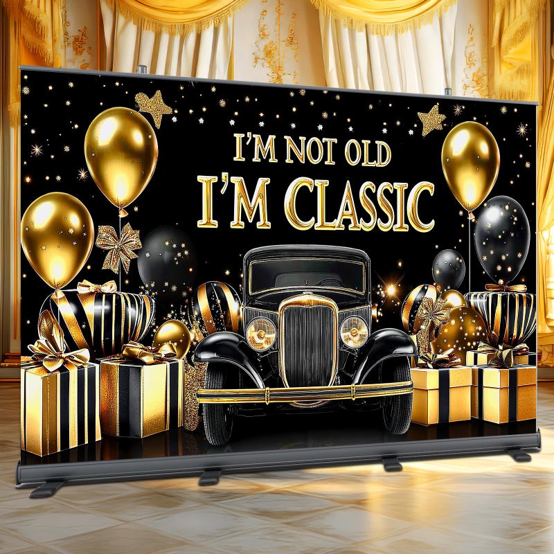 TagreSpike Black Gold Happy Birthday Banner Backdrop 70.8 x 43.3 Inch I'm Not Old I'm Classic Birthday Poster Photography Background Birthday Party Decorations Supplies Classic Car for Indoor Outdoor Retirement - Image 3
