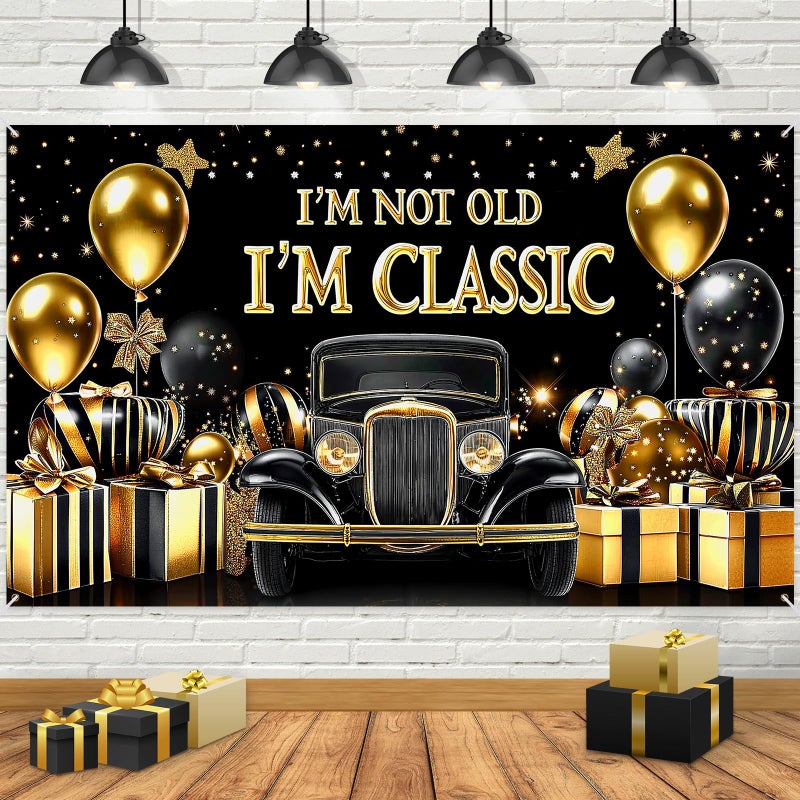 TagreSpike Black Gold Happy Birthday Banner Backdrop 70.8 x 43.3 Inch I'm Not Old I'm Classic Birthday Poster Photography Background Birthday Party Decorations Supplies Classic Car for Indoor Outdoor Retirement - Image 1