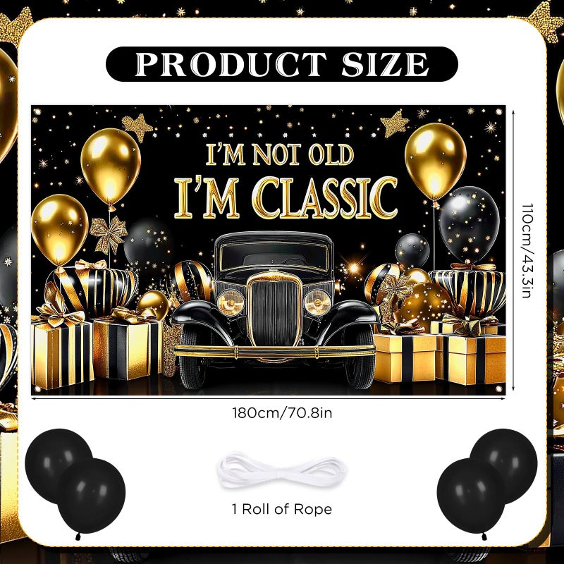 TagreSpike Black Gold Happy Birthday Banner Backdrop 70.8 x 43.3 Inch I'm Not Old I'm Classic Birthday Poster Photography Background Birthday Party Decorations Supplies Classic Car for Indoor Outdoor Retirement - Image 4