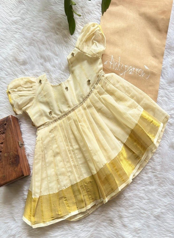 Picksparrow Kerala Kasavu Cotton Baby Girl Dress, Beadwork Detail, Ceremony Wear, Gold Border (in, Age, 3 Months, 6 Months, Offwhite) - Image 2