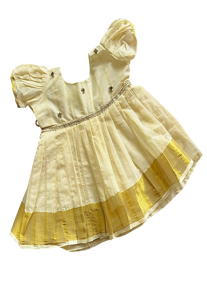 Picksparrow Kerala Kasavu Cotton Baby Girl Dress, Beadwork Detail, Ceremony Wear, Gold Border (in, Age, 3 Months, 6 Months, Offwhite) - Image 1