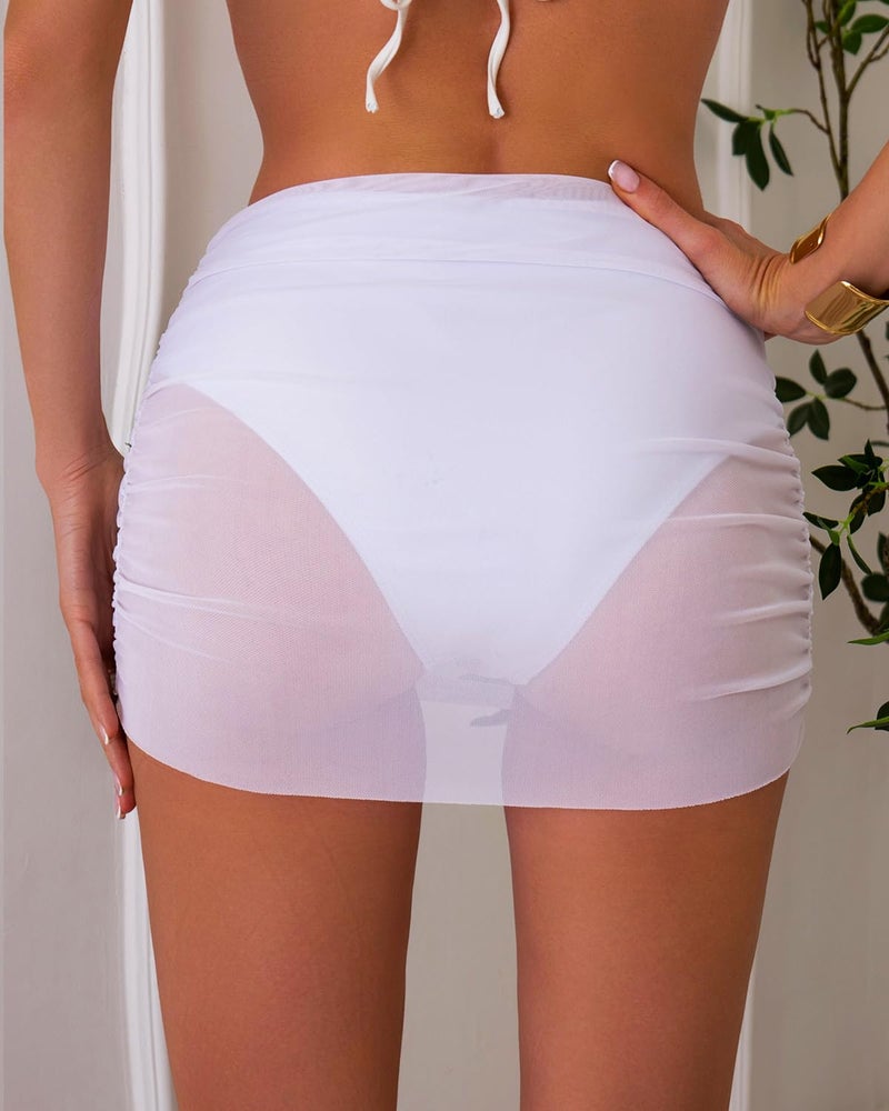 SherryDC Women's Ruched Mesh Bikini Swimsuit Bottoms High Waisted Sheer Short Swim Skirt - Image 2