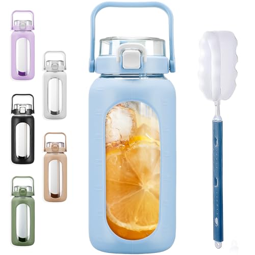 BLUEGO 64oz Glass Water Bottles with Straw Time Marker Half Gallon Large Motivational Water Bottle with Silicone Sleeve 2 Liter Large Glass Water Jug for Gym Sports Workout Daily Light Blue