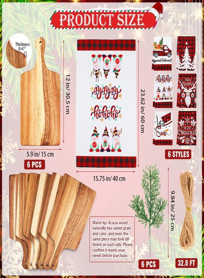 LemonRoad 6 Set Christmas Wood Cutting Board with Kitchen Towels Gift Set Acacia Plain Chopping Board with Handles Buffalo Check Plaid Hand Towel Cedar Pick for Xmas Winter Kitchen Housewarming Gift - Image 2