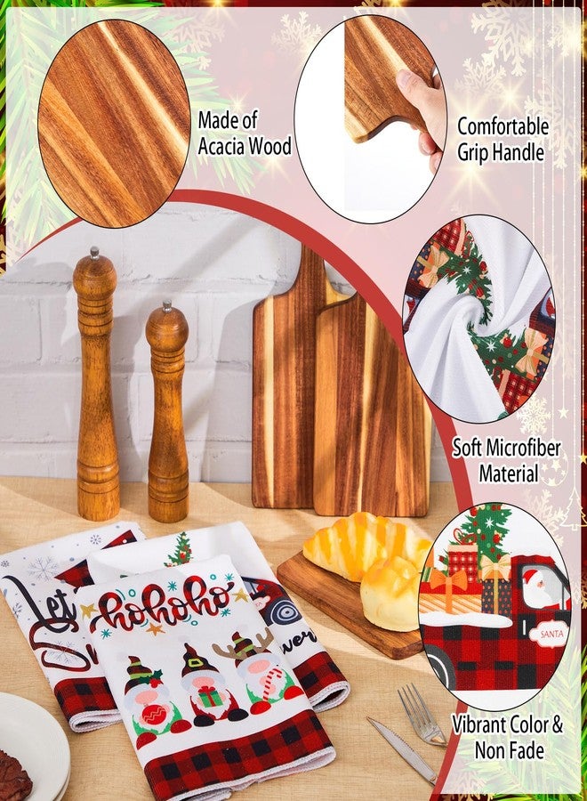 LemonRoad 6 Set Christmas Wood Cutting Board with Kitchen Towels Gift Set Acacia Plain Chopping Board with Handles Buffalo Check Plaid Hand Towel Cedar Pick for Xmas Winter Kitchen Housewarming Gift - Image 3