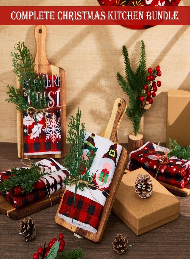 LemonRoad 6 Set Christmas Wood Cutting Board with Kitchen Towels Gift Set Acacia Plain Chopping Board with Handles Buffalo Check Plaid Hand Towel Cedar Pick for Xmas Winter Kitchen Housewarming Gift - Image 4