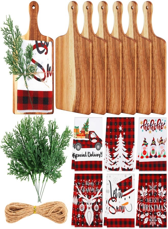 LemonRoad 6 Set Christmas Wood Cutting Board with Kitchen Towels Gift Set Acacia Plain Chopping Board with Handles Buffalo Check Plaid Hand Towel Cedar Pick for Xmas Winter Kitchen Housewarming Gift - Image 1
