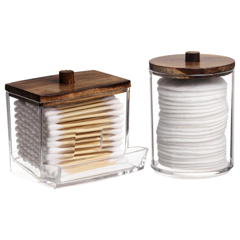 Tbestmax Qtips Holder Bathroom Container with Brown Wood Lids, 10/7 OZ Cotton Ball/Swabs Dispenser, Apothecary Organizer Jar for Storage 2 Pcs - Image 1