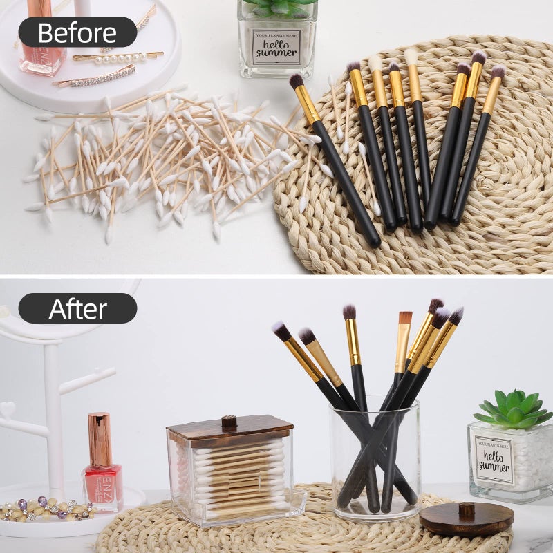 Tbestmax Qtips Holder Bathroom Container with Brown Wood Lids, 10/7 OZ Cotton Ball/Swabs Dispenser, Apothecary Organizer Jar for Storage 2 Pcs - Image 5