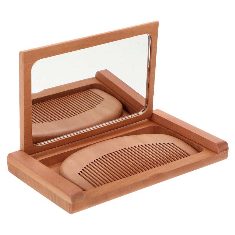 Vintage Foldable Mirror Wood Frame Mirror Pocket Wood Mirror for Purse Small Compact Makeup Mirror for Travel Handheld Mirror with Comb - Image 1