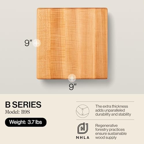 John Boos B Series Square Wooden Maple Cutting Board 9”x9” – 1.5” Thick, 3.7-lb Non-Reversible Butcher Block with Wood Bun Feet & Edge-Grain - Image 3