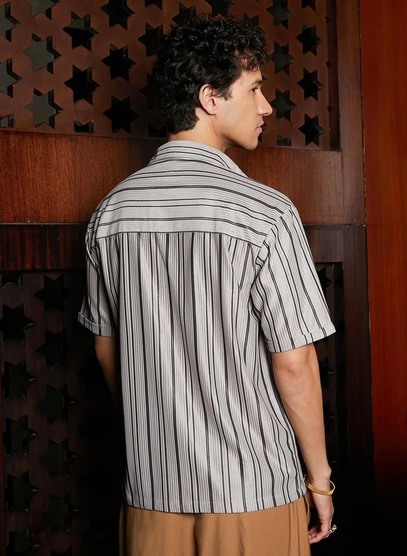 كامبوس سوترا Men's Cloud Grey Multitrack-Striped Utility Shacket